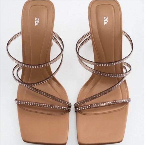 ZARA HEELED SANDALS WITH RHINESTONE Tan Sandals with Transparent Straps.9us/40 - Picture 1 of 9